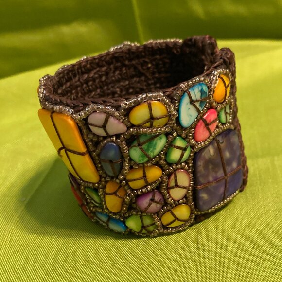 Vintage Crocheted Mosaic Mother of Pearl and beaded Cuff/Bracelet - Picture 1 of 4